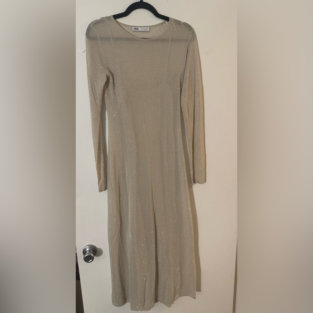Zara Beige with Crystals Long Sleeve Dress